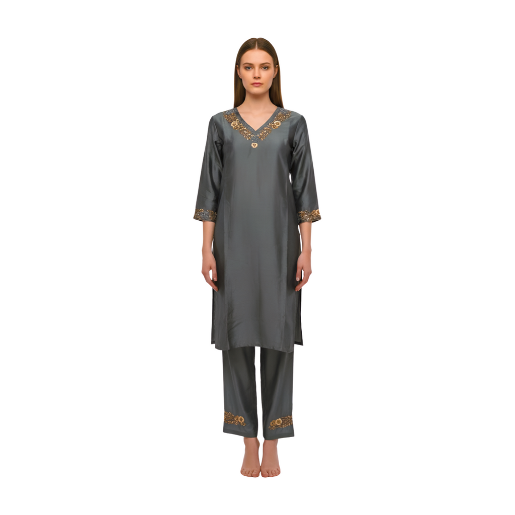 Mauve Crescent Hand-Embroidered Silk Set