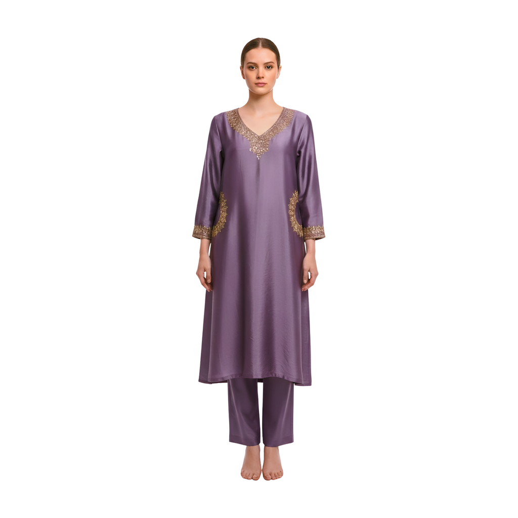 Contemporary Mauve Satin Finish Kurta and Pants Ensemble