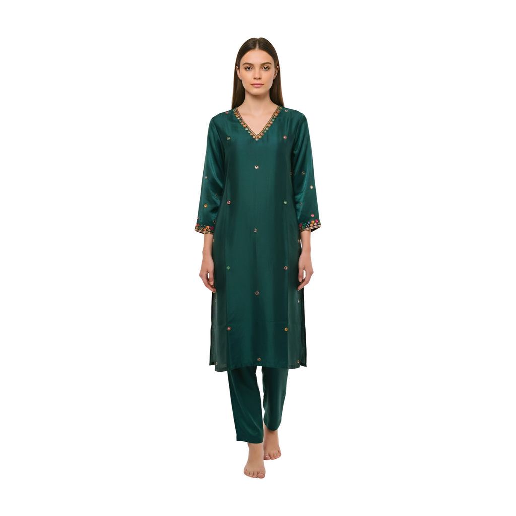 Elegant Emerald Green Silk Kurta Set with Colorful Resham Embroidery