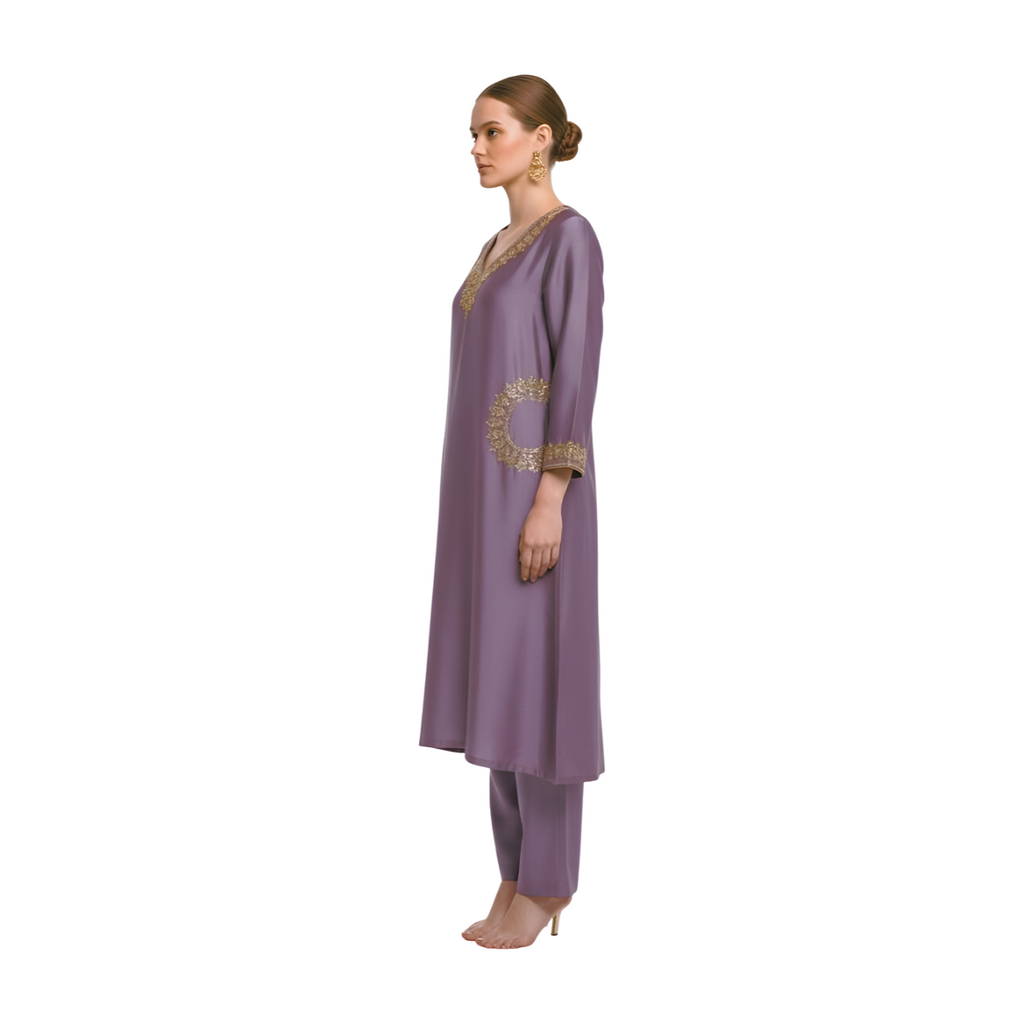 Contemporary Mauve Satin Finish Kurta and Pants Ensemble