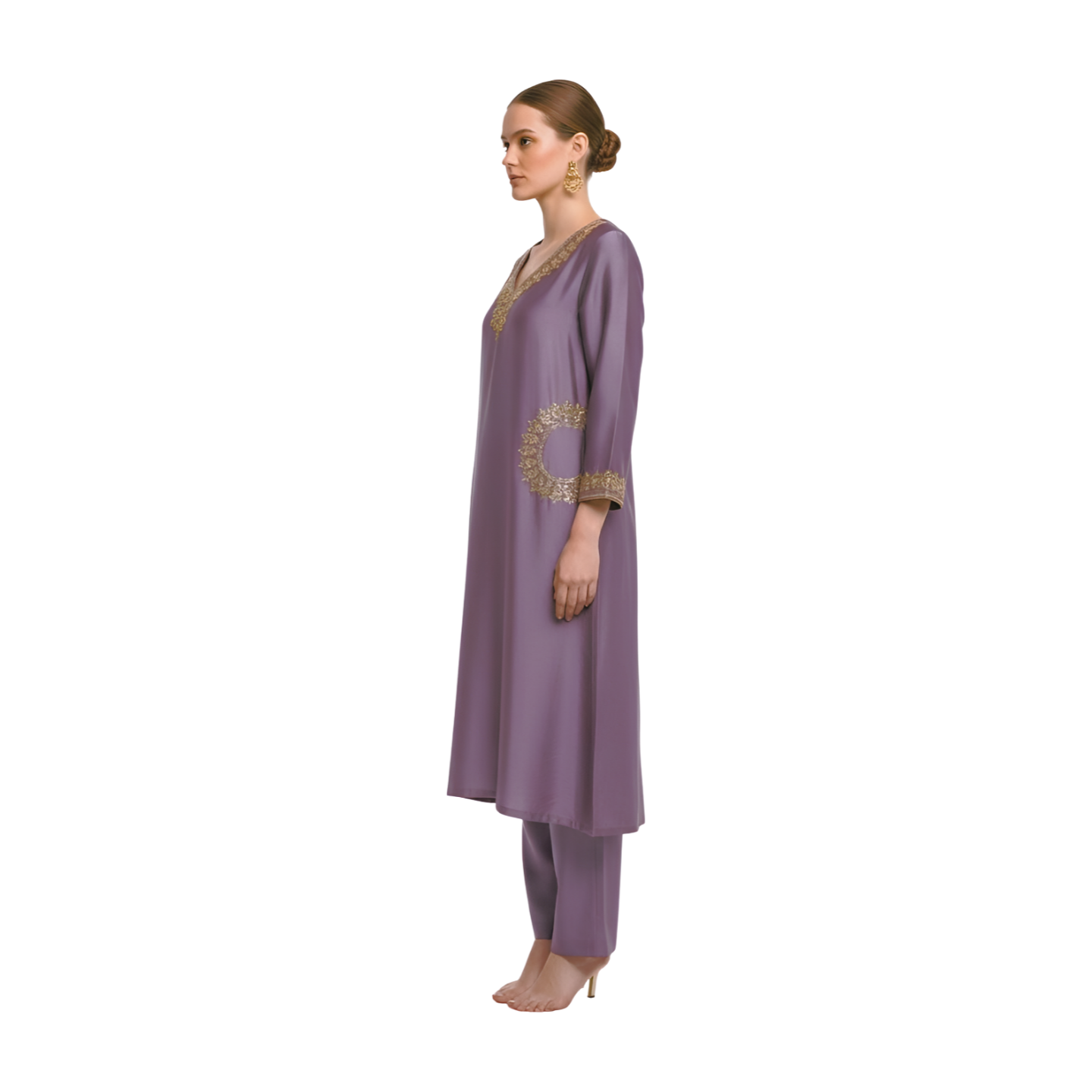 Contemporary Mauve Satin Finish Kurta and Pants Ensemble